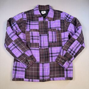 OBEY Purple Plaid Collar Lined Flannel Mens Medium Jacket Snap Button Fair Trade